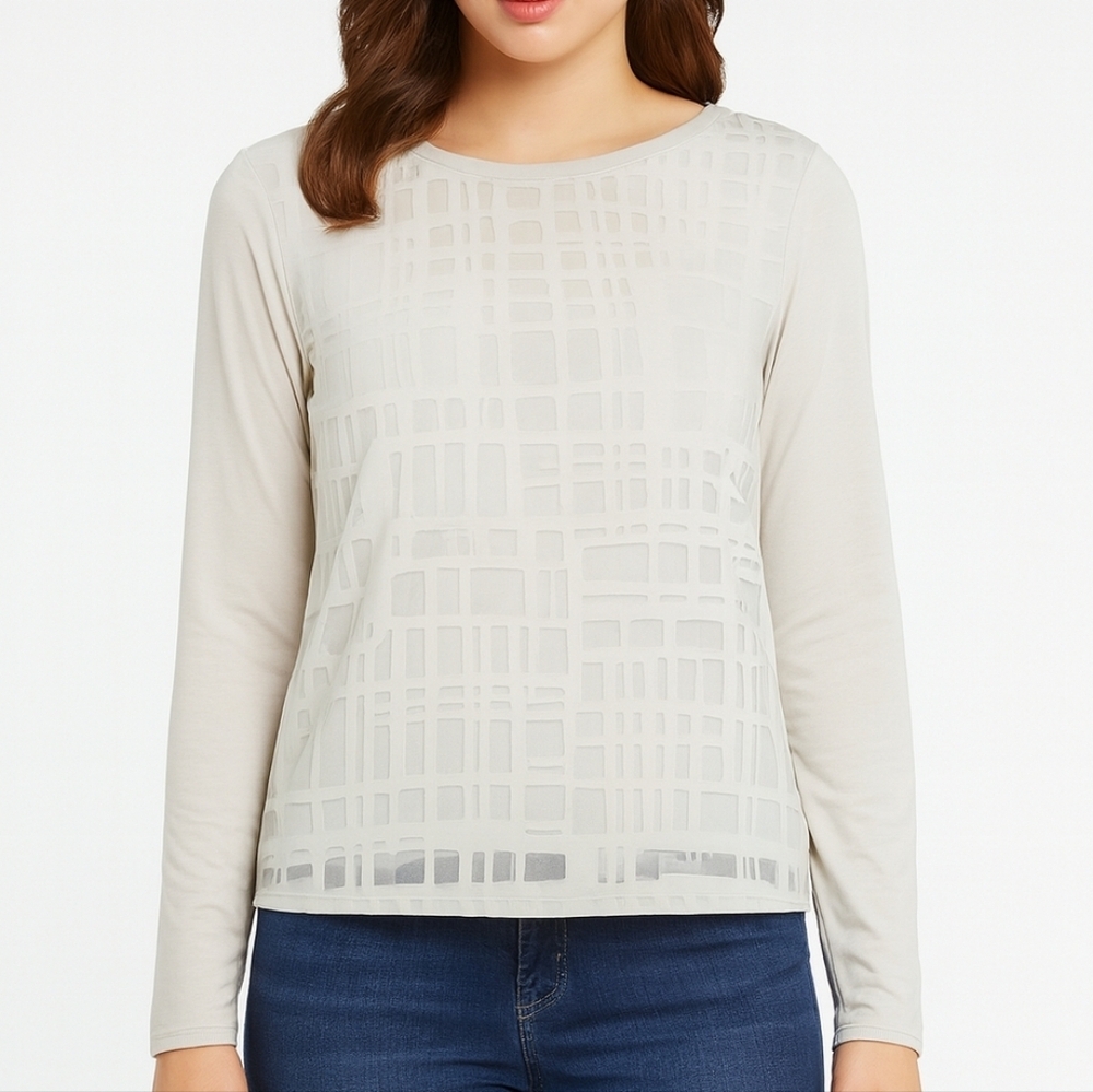 BKE Red White Sheer Overlay Long Sleeve Blouse Size L Geometric Top